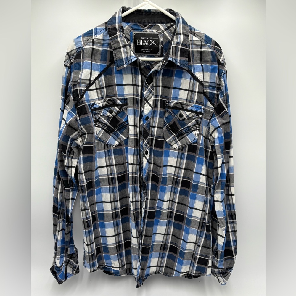 Buckle Black‎ Men's Plaid Snap Button Shirt Athletic Fit Blue Gray XL